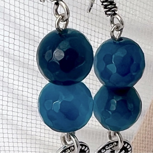 BLUE Agate and Sterling Dangle Earrings Om Charms - Picture 7 of 13